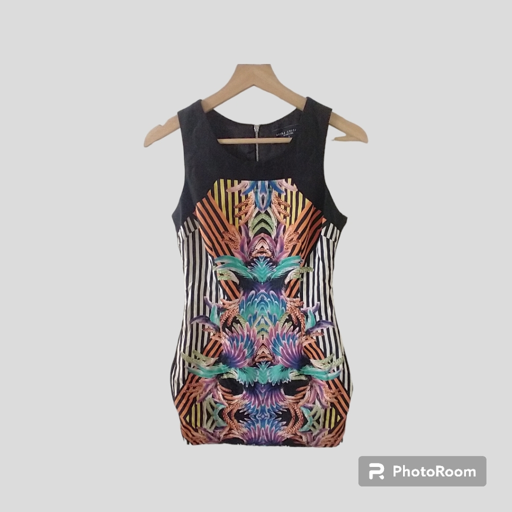 Akira Chicago Women Peacock Feather Print Body Con Midi Dress Black Label Small
